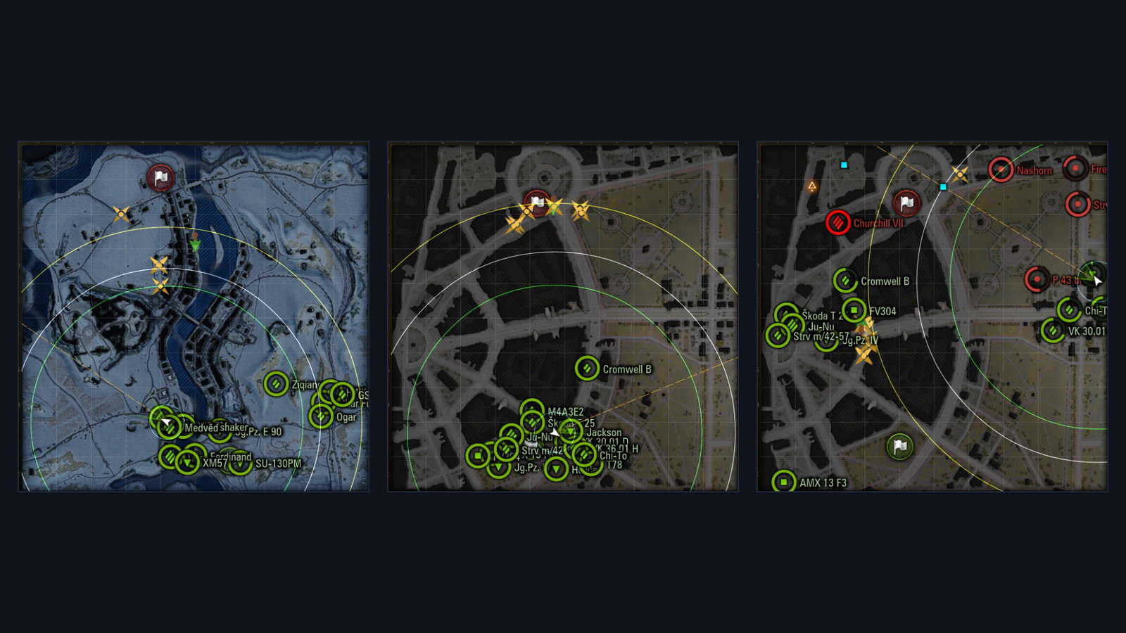 名前付きの敵接触、視認・描画距離の円、砲の向きの線を示す World of Tanks のミニマップ3枚